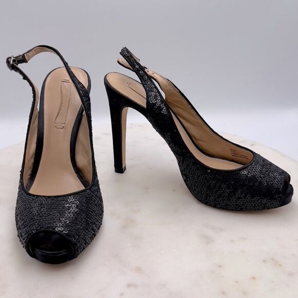 BCBGMAXAZRIA Bodhi Black Sequin Peep Toe Heels 7.5 Pumps Holiday Party Shoe NYE - Picture 9 of 11